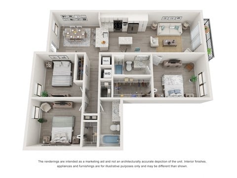 Floor plan for 3 beds, 2 baths, 1305 sqft